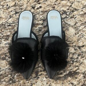 Frances Valentine Black Mules with Fur Accent Size 6, *fits like 5.5*